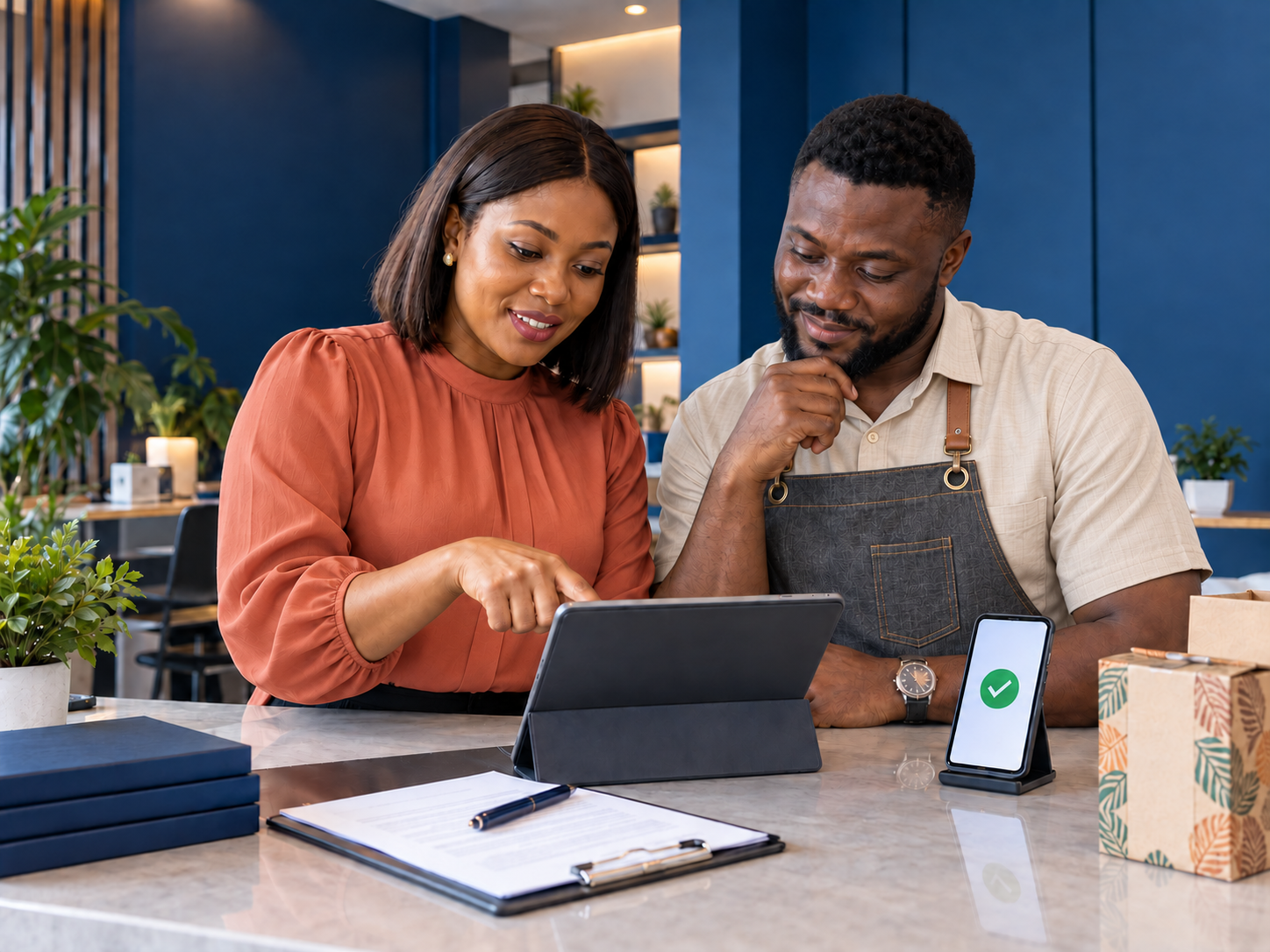 Two Nigerian business participants reviewing a protected payment agreement
