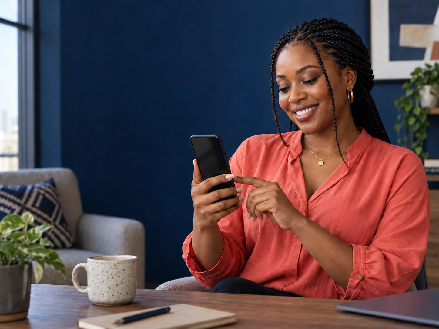 A Nigerian woman looking at her phone at home