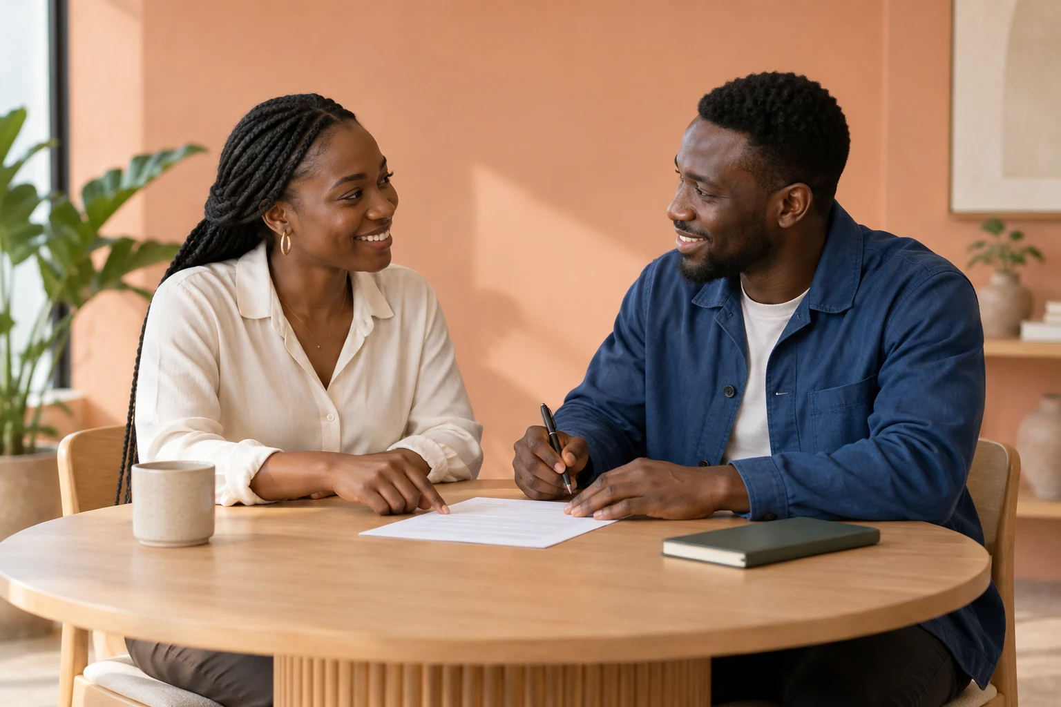A buyer and seller smiling as they review an agreement together