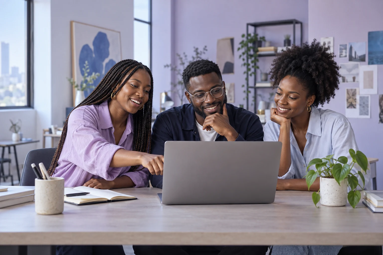 Three collaborators reviewing a laptop together in a bright studio